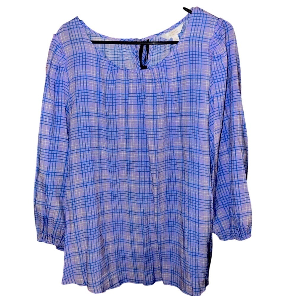 LC Lauren Conrad Blouse XXL Purple Plaid Long Sleeve Tie‎ Back Scoop Neck Top